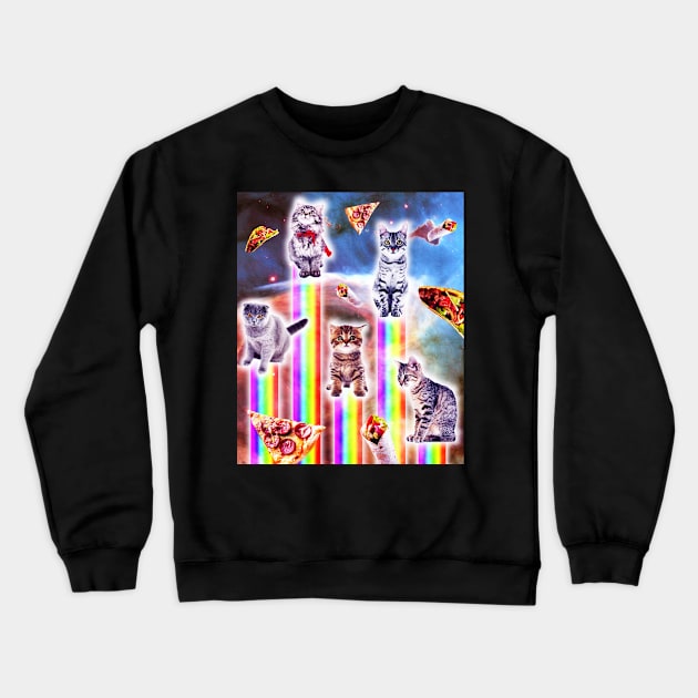 Outer Space Galaxy Cats With Rainbow Crewneck Sweatshirt by Random Galaxy